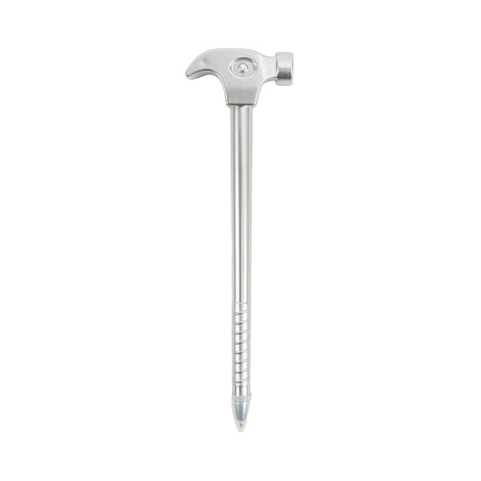 A hammer-shaped ballpoint pen in silver, resembling a tool with a detailed handle and a pen tip.