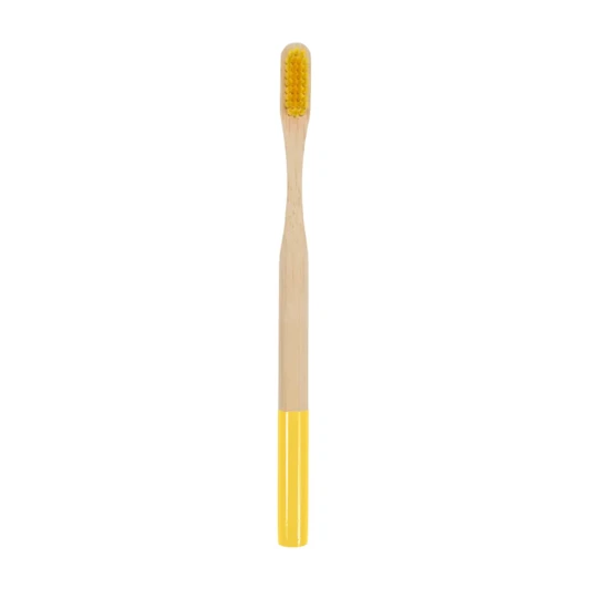 A large round handle bamboo toothbrush with a yellow head and a natural bamboo handle. It features a logo.