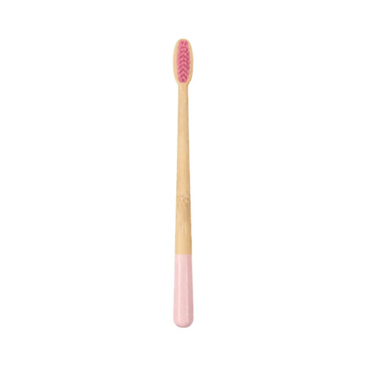 A large conical handle toothbrush with a pink bristle head and a wooden bamboo handle. It has a logo on the handle.