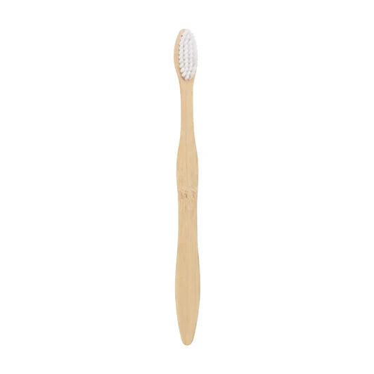 A large wavy handle toothbrush in a natural wood tone with white bristles and a simple design.