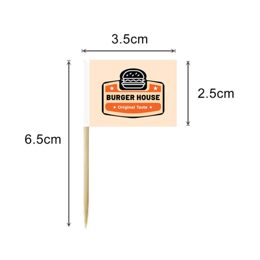 A pack of 100 coated paper flags with a beige background, featuring a logo and measurements displayed.