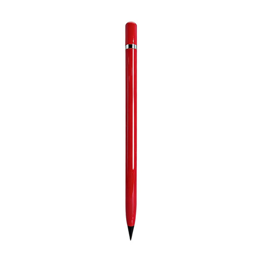 A red pencil with a sleek design, featuring a silver accent and a sharpened tip.