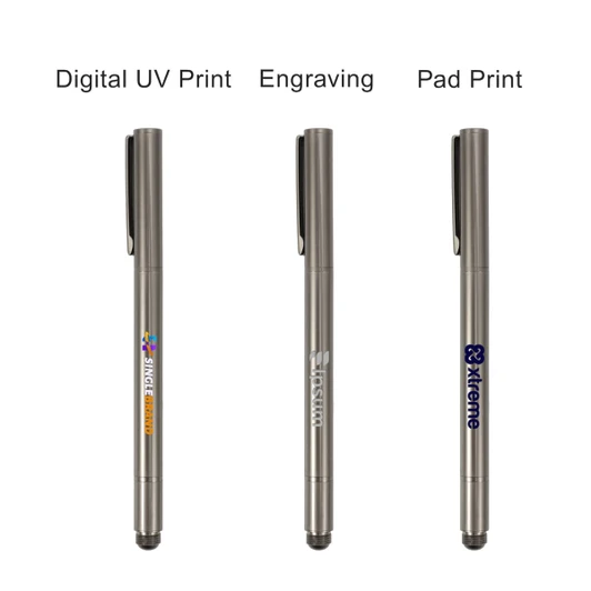 A metallic grey pencil with options for digital UV print, engraving, and pad print. Features a logo on the barrel.