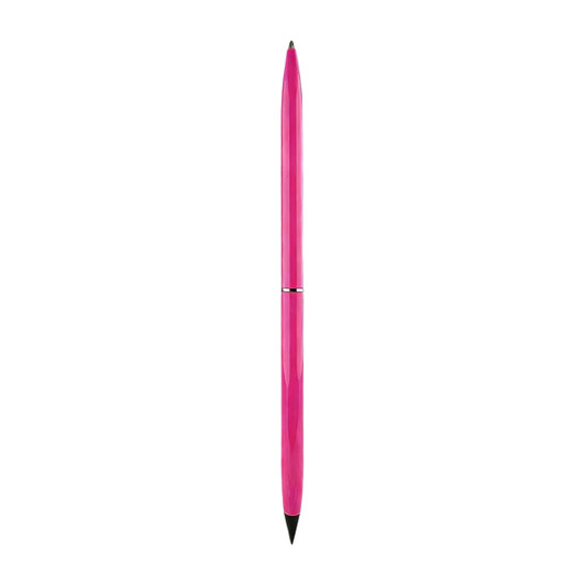 A double-ended pencil and ballpoint pen in a vibrant pink colour. It features a sleek design and a logo.