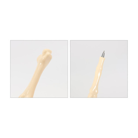 A pen shaped like a finger bone, featuring a creamy beige colour and a silver pen tip. It has a logo on the side.