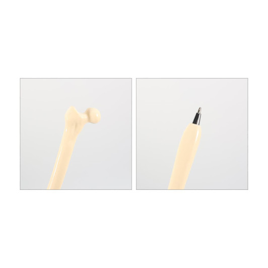A femur bone-shaped pen in cream colour with a shiny silver tip. It features a sleek design and has a logo.