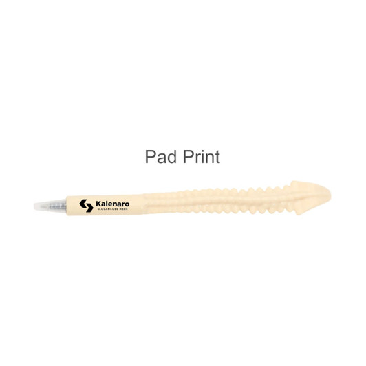 A pen designed to resemble a spine, featuring a cream colour and a logo on the side.