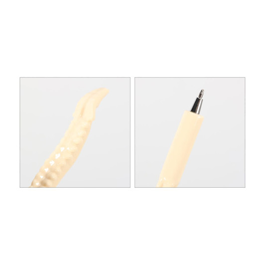 A pen designed to resemble a spine, featuring a creamy white colour and a silver nib. The product has a simple logo.