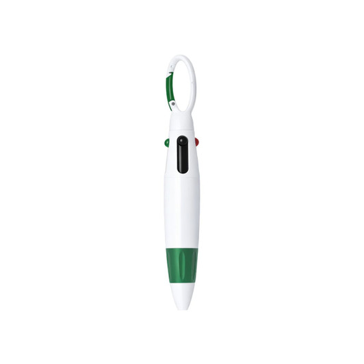A white and green carabiner pen featuring a clip for attachment. It has buttons for functionality.