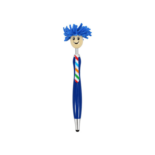 A blue pen featuring a cheerful character with a fluffy blue head and a striped tie. It has a logo on the side.