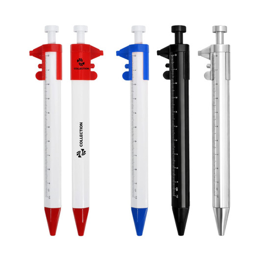 A set of caliper pens in red, blue, black, and silver, featuring measurement scales and branding on the barrel.