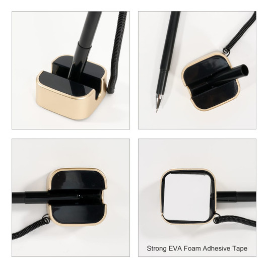 A fixed signature pen in black with a beige holder, featuring strong adhesive tape for stability.