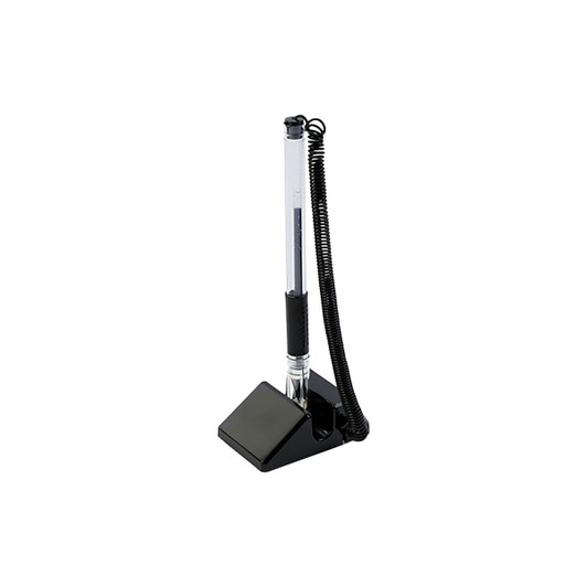 A black counter fixed signature pen with a clear barrel and coiled cord, resting on a triangular base.