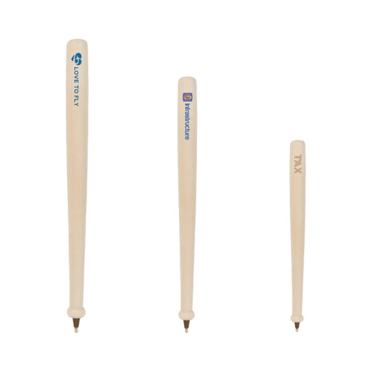 Wooden baseball bat-shaped pens in a light colour, featuring different logos on each pen.