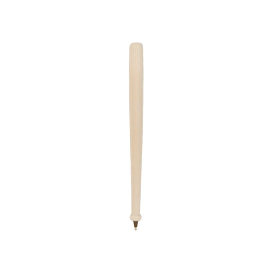 A wooden baseball bat-shaped pen in a light wood colour, featuring a logo on the side.
