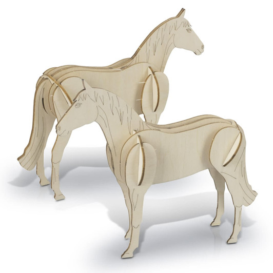 Two wooden model horses in a natural finish, featuring intricate detailing and a layered design.