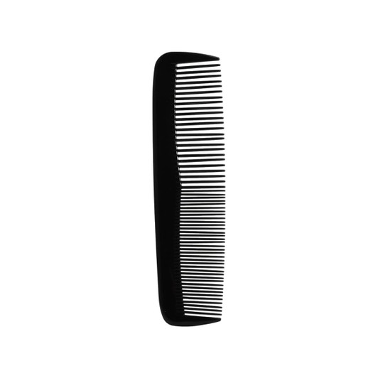 A black, custom blended-tooth comb with fine and wide teeth, featuring a sleek design.