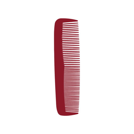 A custom blended tooth comb in a deep red colour with evenly spaced teeth for grooming. Features a logo.
