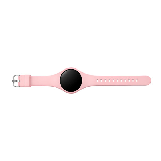A pink pedometer with a circular black display and a strap featuring multiple holes for adjustment.