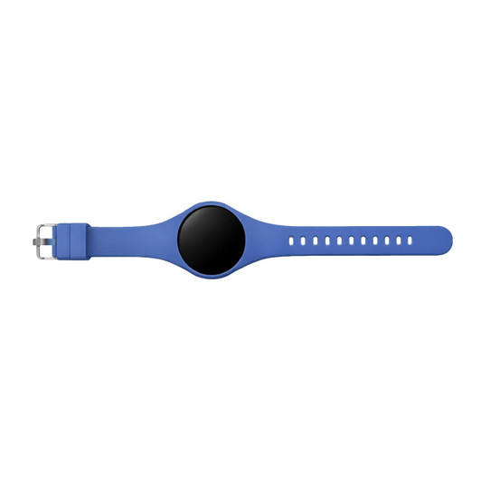 A blue pedometer with a round black display and a buckle strap. It has a logo on the band.