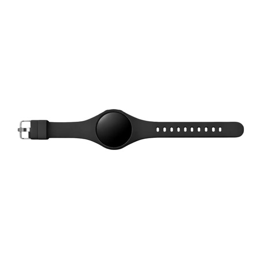 A black pedometer with a round face and a silicone strap, featuring multiple adjustment holes for size.