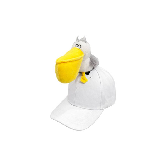 A white baseball cap featuring a plush seagull on top, complete with grey feathers and a yellow beak.