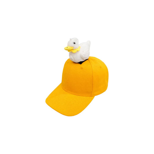 A yellow decorated baseball cap featuring a plush white duck on the top. It includes a logo on the cap.