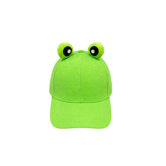 A bright green baseball hat with frog ears and eyes on top. It features a rounded brim and a playful design.