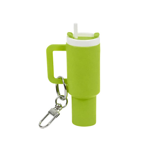 A drink bottle keyring in bright green, featuring a handle, straw, and attached clip for easy portability.