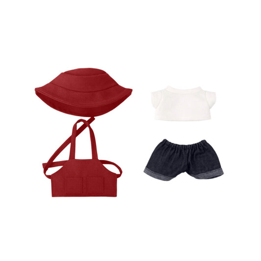 A red hat, white top, and denim shorts in a set for 15–17cm dolls. Includes a logo on the doll outfit.