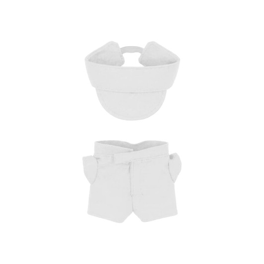 A plush doll outfit set featuring a white racing suit and matching cap, suitable for 10cm dolls, with a logo.
