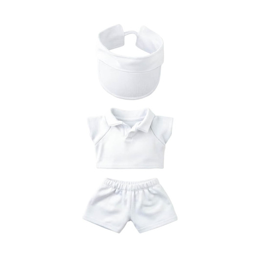A plush doll racing suit set in white, including a visor, polo shirt, and shorts for 15–17cm dolls.