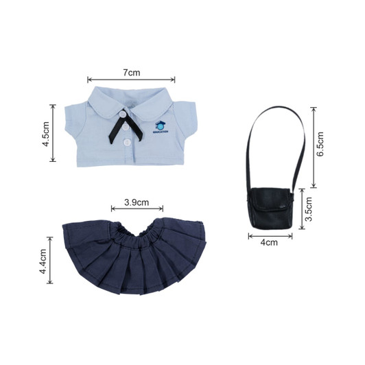 A plush doll uniform set featuring a light blue shirt, navy skirt, and a black bag, with various dimensions listed.