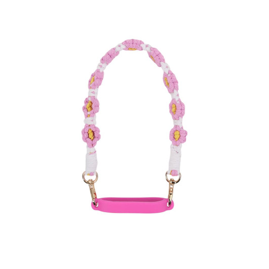 A drink bottle strap featuring woven pink and white flowers with yellow centres, complemented by a pink silicone grip.