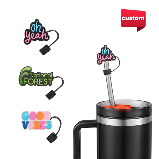 A drink bottle with a custom shape straw cover featuring colourful designs, including text and a logo.