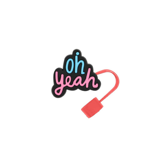 A drink bottle features a custom-shaped straw cover in black, pink, and blue with the phrase "oh yeah."