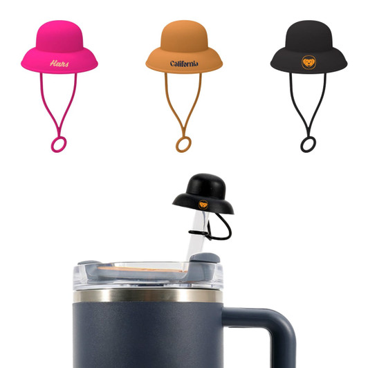 A drink bottle with a silicone straw cover shaped like a bucket hat in pink, brown, and black. Features a logo.