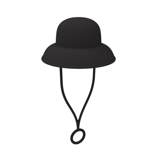 A black silicone straw cover shaped like a bucket hat, featuring a chin strap for secure fit.