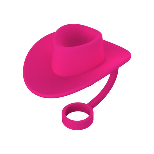 A drink bottle accessory featuring a bright pink silicone cowboy hat straw cover with a loop attachment.