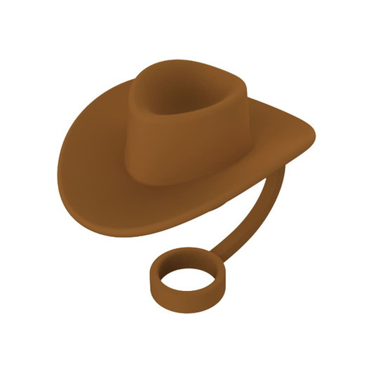 A drink bottle accessory featuring a brown silicone cowboy hat straw cover with an attached ring.