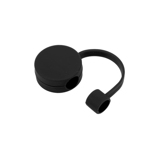 A round black silicone straw cover with a flexible attachment loop for securing it to a drink container.