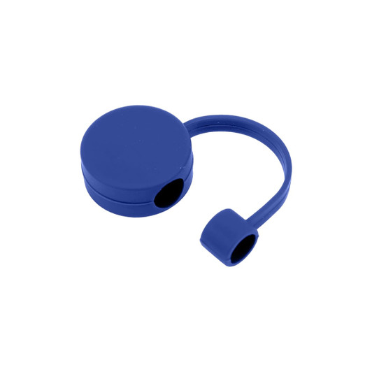 A round blue silicone straw cover with a looped attachment and two openings. It has a simple, smooth design.