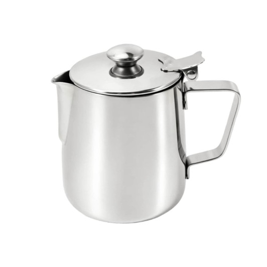 A stainless steel milk frothing pitcher with lid, featuring a sleek, shiny finish and an ergonomic handle.