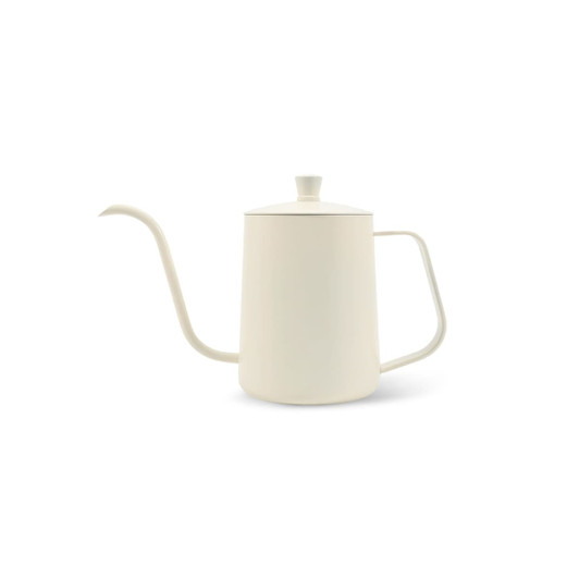 A stainless steel pour over kettle in a cream colour with a long spout and a lid, featuring a handle.