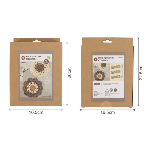 A cardboard packaging for a Custom Coaster Crochet Kit featuring beige, cream, and brown coasters, with a logo.