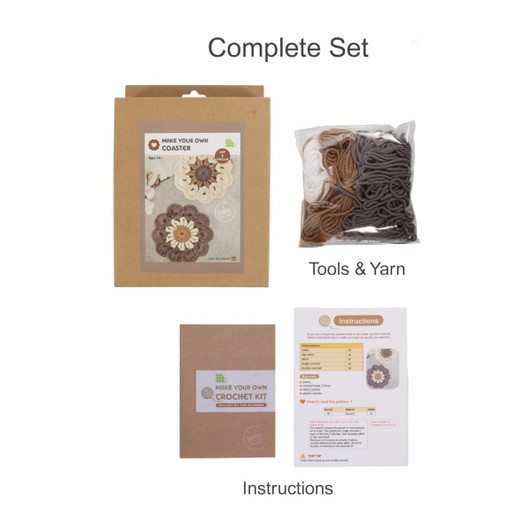 A complete crochet kit featuring tools, yarn in brown and cream, and instructions for making coasters.