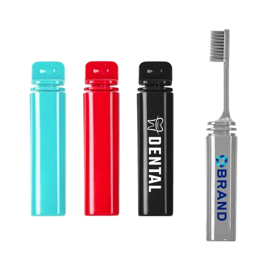 A foldable toothbrush in silver with a brush head, accompanied by blue, red, and black dental-themed containers.