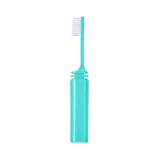 A foldable toothbrush in a vibrant turquoise casing, designed for travel and convenience.
