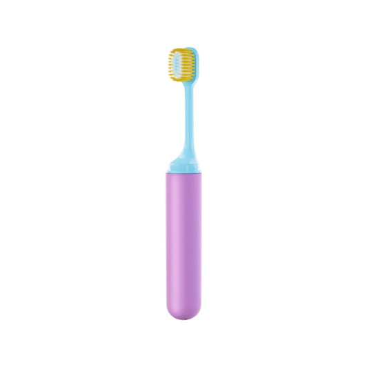 A foldable toothbrush with a soft bristle head in blue and a pink body, featuring a logo on the handle.