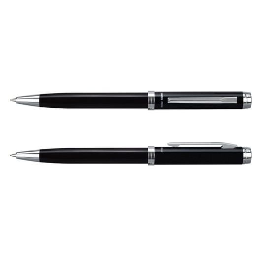A black pen and pencil set with silver accents and a branding logo. The pen features a smooth finish, while the pencil has a textured grip.